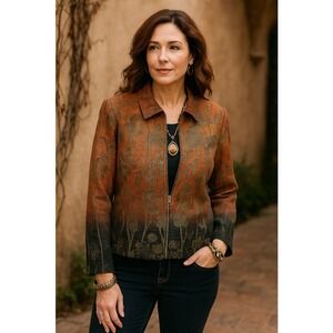 Christopher & Banks Tapestry Jacquard Full Zip Blazer Jacket L Brown Floral Boho